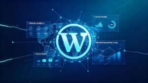 WordPress外贸建站技术揭秘封面图，展示全球建站系统科技感场景