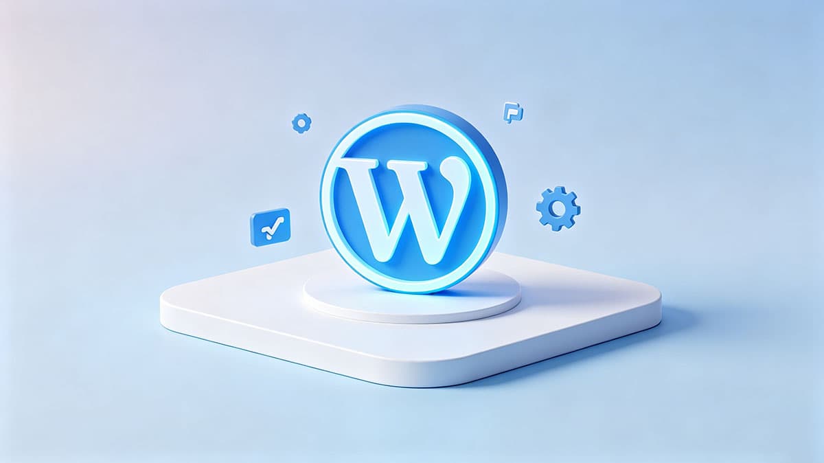 WordPress建站系统3D图标示意图，展示插件生态与建站灵活性