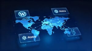 WordPress+Astra外贸建站方案深蓝科技风封面配图，展示全球外贸网站建设场景