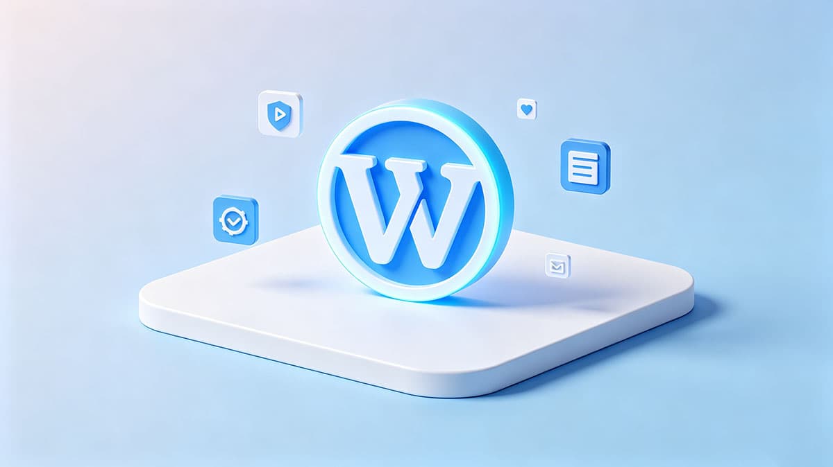 WordPress开源生态系统3D概念图，展示插件扩展能力，适合外贸建站场景