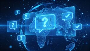 首页 外贸网站SEO常见问题FAQ封面图,深蓝科技风格问答气泡图标