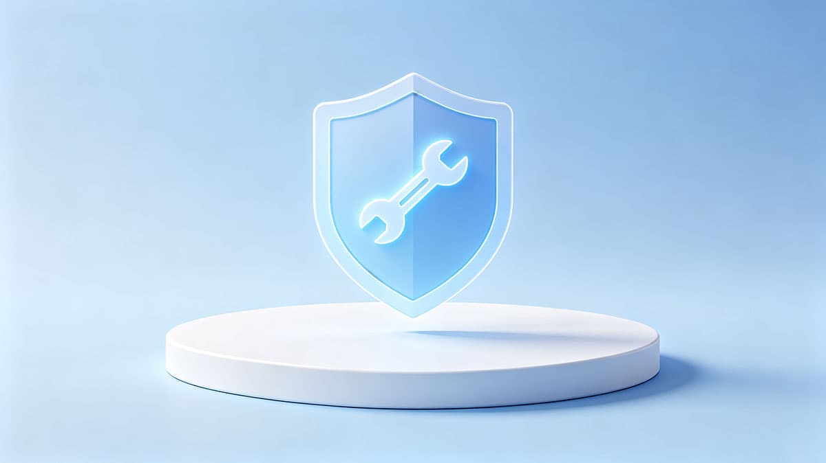 网站售后服务类型概览示意图，3D防护盾与维修扳手图标