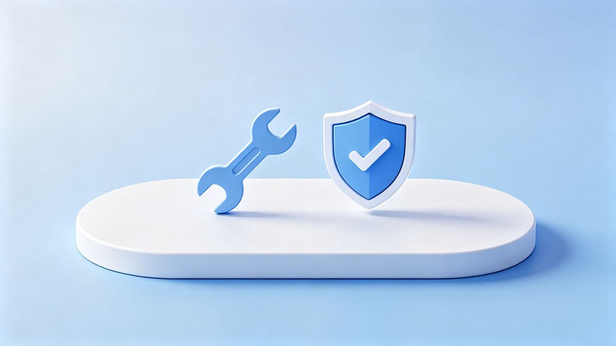 网站维护保护清单示意图，3D扳手防护盾并排图标